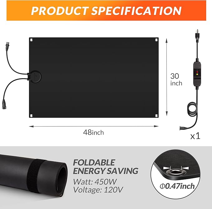 Walensee Snow Melting Mats for Entrances, 30" x 48" Graphene Heated Outdoor Doormats with Plug, No-Slip Rubber Snow Heating Mats, 3 in/h Speed, Ice Melts Pads for Winter Roofs, Backyards Snow Removal