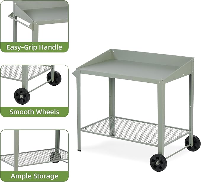 Outdoor Metal Potting Bench with Wheels, Heavy Duty Garden Workbench Table with Storage Shelf (Green, 36"x38.8")