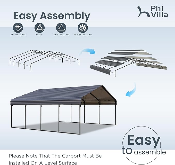 PHI VILLA 20 x 20 ft Carport 2 car Metal Carport Tent with Galvanized Steel Roof with Sidewalls Enclosure Kit, Sturdy Heavy Duty Metal Storage Shed for Cars, Boats, and Tractors