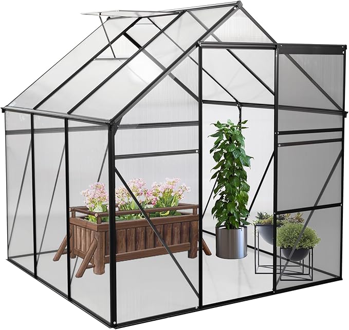 6x6 FT Polycarbonate Walk-in Greenhouse, All Season Garden Green Houses, Aluminum Hot House w/ Raised Base, Adjustable Vent Roof & Sliding Door for Outdoor Backyard, Black