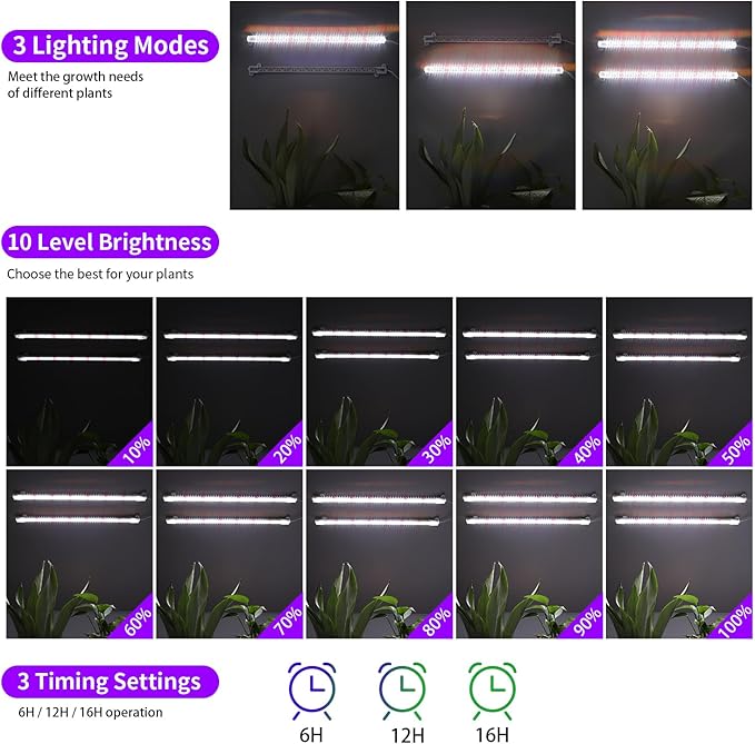 LED Grow Light Strips for Indoor Plants, 16‘’ Full Spectrum 240 LEDs with 4 Install Methods, 6/12/16H Timer, 10 Dimmable Levels, 3 Switch Modes for Seedling Succulent Sunlike Strip (2 Head 2 Pack)