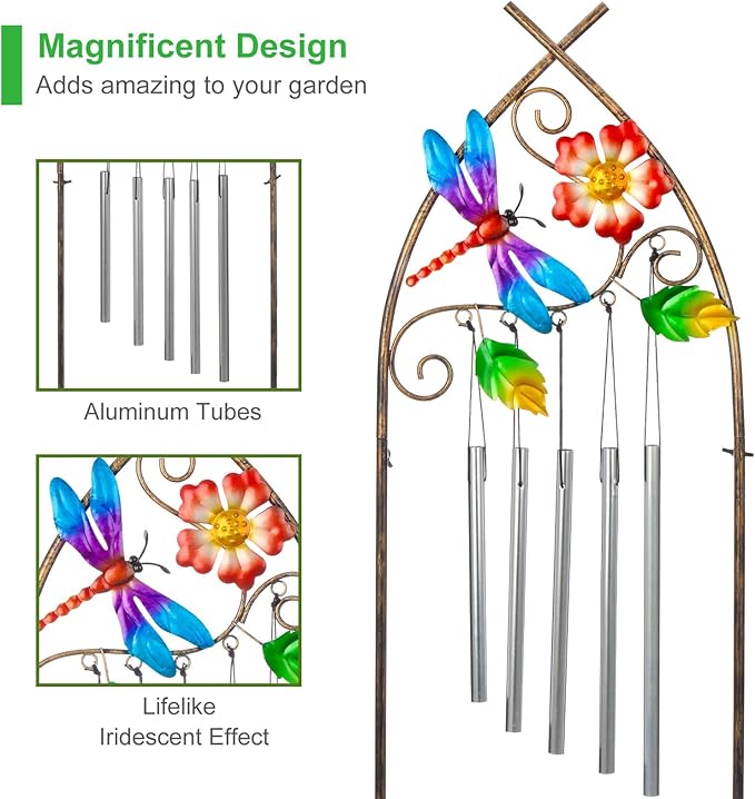 Plant Stands with Garden Trellis, 48” Metal Standing Wind Chimes Plant Pot Trellis with Dragonfly for Garden Patio Backyard Climbing Plants Outdoor Decor