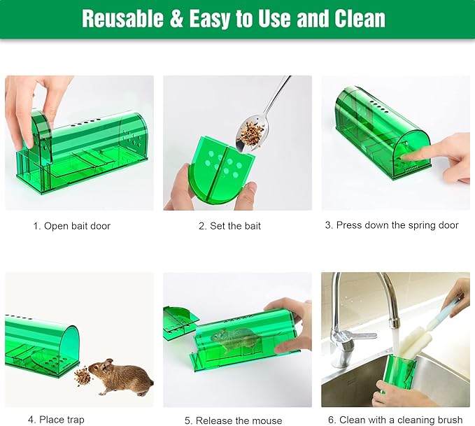 6 Pcs Humane Mouse Traps Indoor for Home, Live Mouse Trap, Reusable Mice Trap Catcher for House & Outdoors