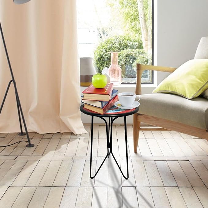 LIFFY Outdoor Side Tables, 12" Coffee Table Small Patio Table, Indoor Small Round Home Decorative End Table, Plant Stands Table Outside, for Yard Balcony Garden Bedside Pool Beach（Metal & Glass,Red）