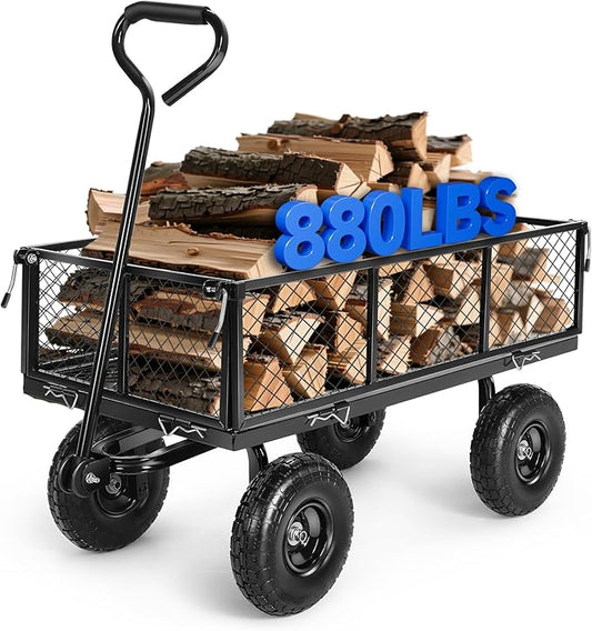 TEANDE Garden Cart, Heavy Duty 880Lbs Capacity Mesh Steel Garden Cart with Removable Sides to Convert into Flatbed, Utility Metal Wagon with 180° Rotating Handle and 10 in Tires, Black