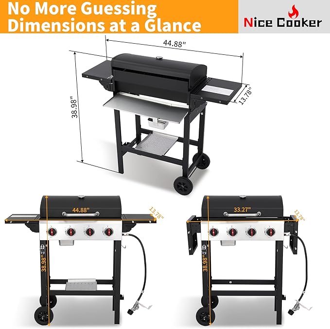4-Burner Propane Gas Grill with Cast Iron Grates, 302 Sq. In. BBQ Grilling Space, Foldable Side Shelves for Portable Outdoor Patio Camping, Black