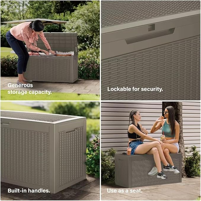 100GAL Brown Wicker - Textured Outdoor Deck Box with Lock - Waterproof, SGS - Approved UV Resistance, Aesthetic Storage for Patio Cushions and Decor, Quick and Easy to Set Up