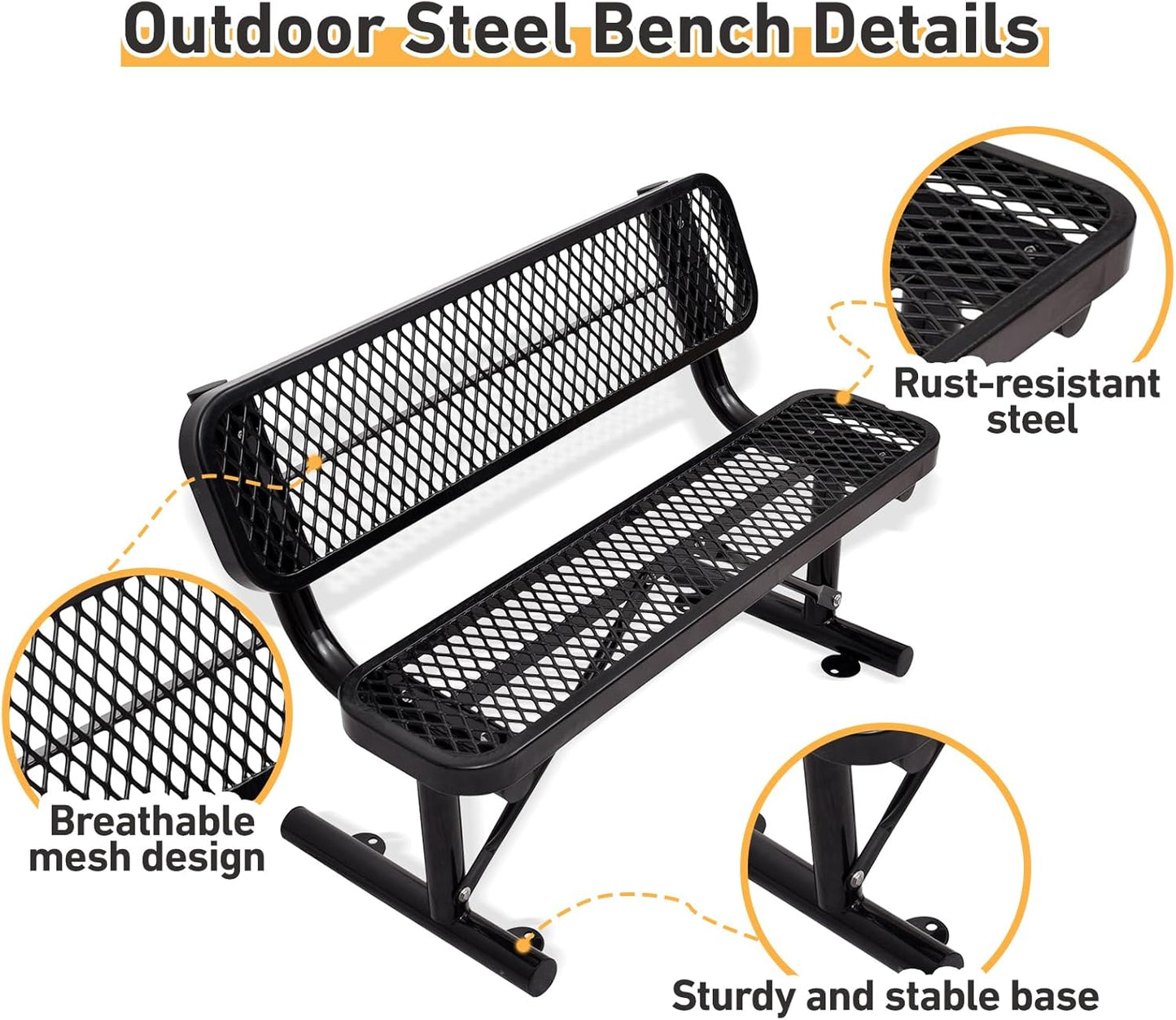 4FT Heavy Duty Park Bench with Back Portable Frame, Outdoor Metal Park Bench with Backrest, Steel Mesh Outdoor Bench for Garden, Lawn, Patio, Porch, Park, Yard (Black, 48" D x 23.2" W x 32.5" H)