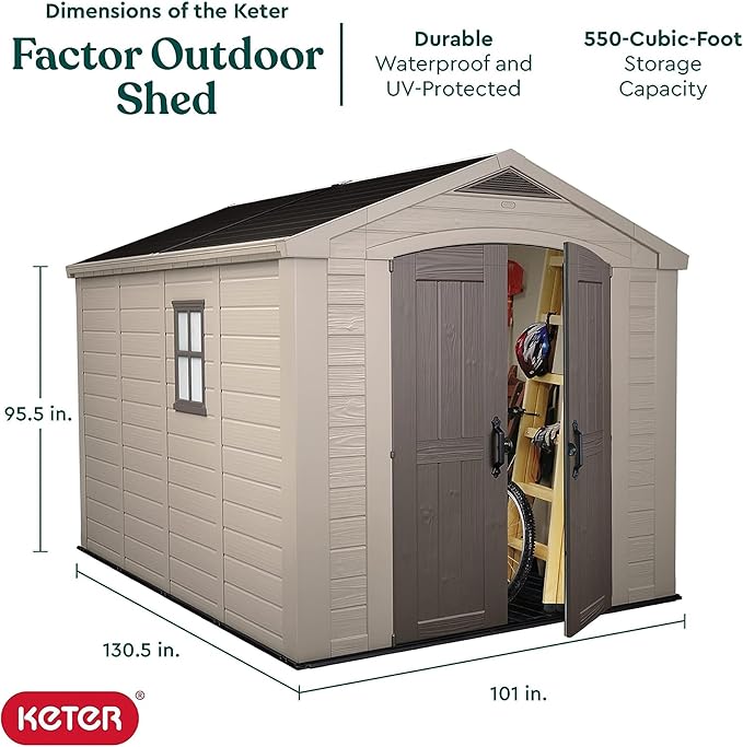 Keter Factor 8 x 11 Foot All Weather Resin Outdoor Storage Shed with 2 Shelves Included and Built-in Ventilation for Backyard Organization, Taupe