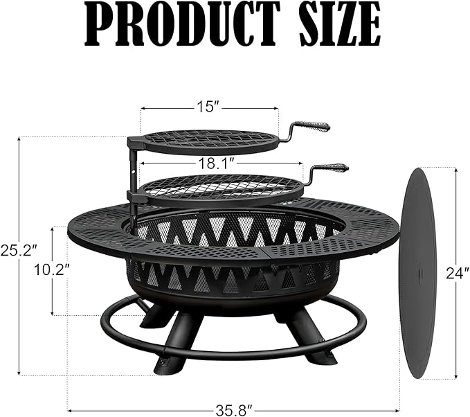 36 Inch Fire Pit with 2 Grills, Large Outdoor Firepits for Outside, Wood Burning Fireplace for Camping,Picnic,Bonfire, 3-in-1 Round Metal Table with Lid for Backyard,Patio,Party