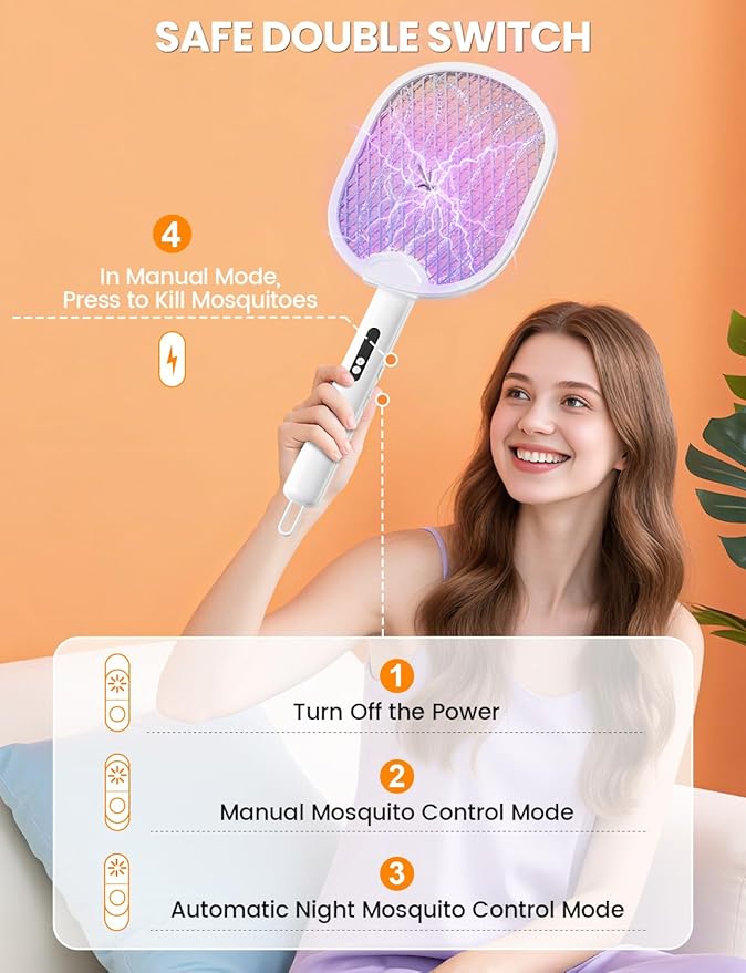 Electric Fly Swatter Foldable Bug Zapper Racket with 4000V 1800mAh Rechargeable Battery 5-Layer Safety Mesh Dual Modes with Mosquito Light Suitable for Indoor or Outdoor Use (White)
