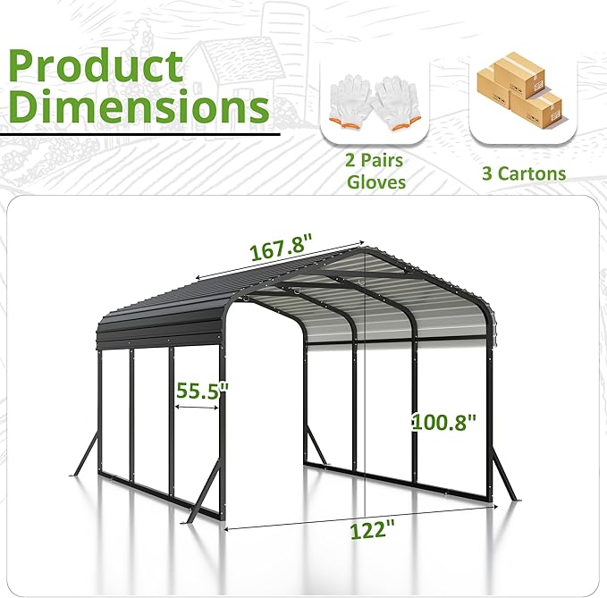 Carport 10x15 FT Metal Carport with Reinforced Base Outdoor Heavy Duty Garage Galvanized Car Shelter for Pickup, Boat, Car and Tractors
