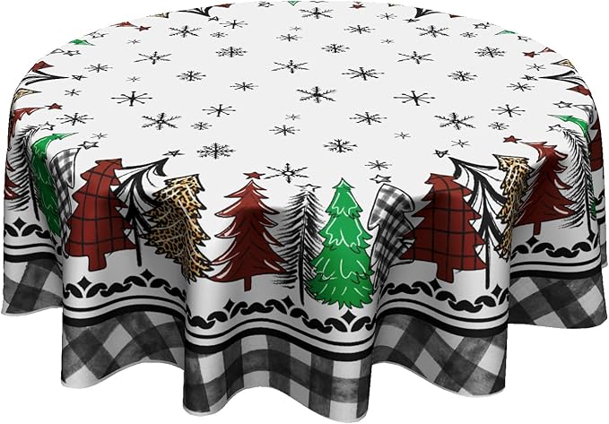 Giwawa Christmas Round Tablecloth 60 Inch Snowflake Xmas Trees Black Buffalo Plaid Decorative Table Cloth Polyester Washable Table Cover for Winter Holiday Party Picnic Dinner Decor