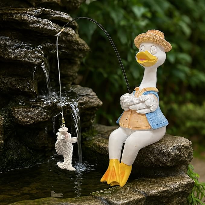 Duck Fishing Statue Garden Decor – 9.8" Weatherproof Resin Duck Fishing Sculpture Decor for Fish Ponds, Koi Ponds, Waterfalls, Poolside & Outdoor Gardens– Resin Figurine for Indoor & Outdoor Décor