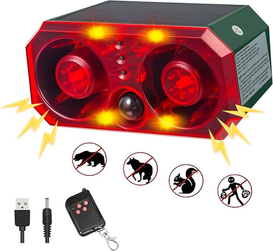 Solar Outdoor Cat Deterrent for Yard - Customizable Recording, Adjustable Volume, Multiple Modes, Ultrasonic Cat Deterrent for Farm, Pond, and Orchard Security with USB Charging and Remote Control