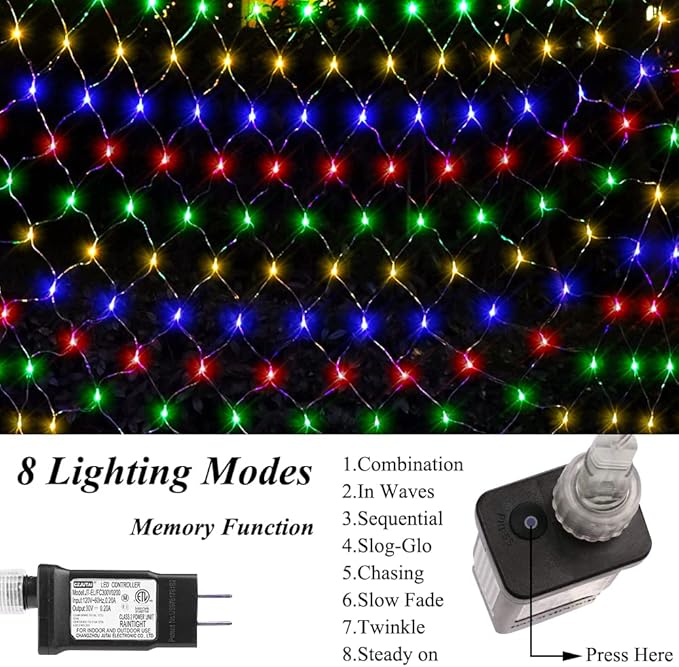 LED Net Light Christmas Mesh Lights, Tree Warp Fairy Lights Outdoor Hanging String Light for Christmas, Halloween, Garden, Walkway, Bushes Decor-9.8ft x 6.6ft(Colorful)