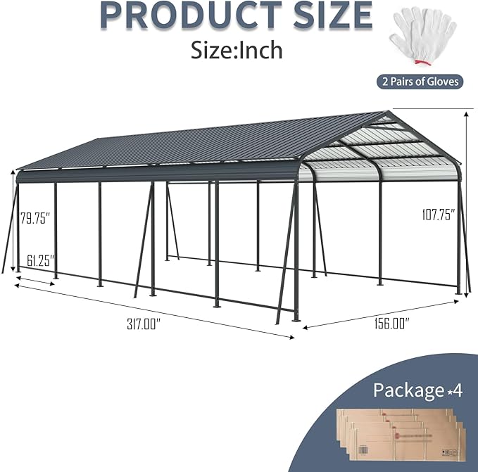 13x26.5 FT Metal Carport, Heavy Duty Car Port Canopy with Galvanized Steel Roof & Frame, Oversized Metal Carport Kit, Outdoor 2 Car Garage, Steel Car Shelter for Car, Boat, Truck, Charcoal