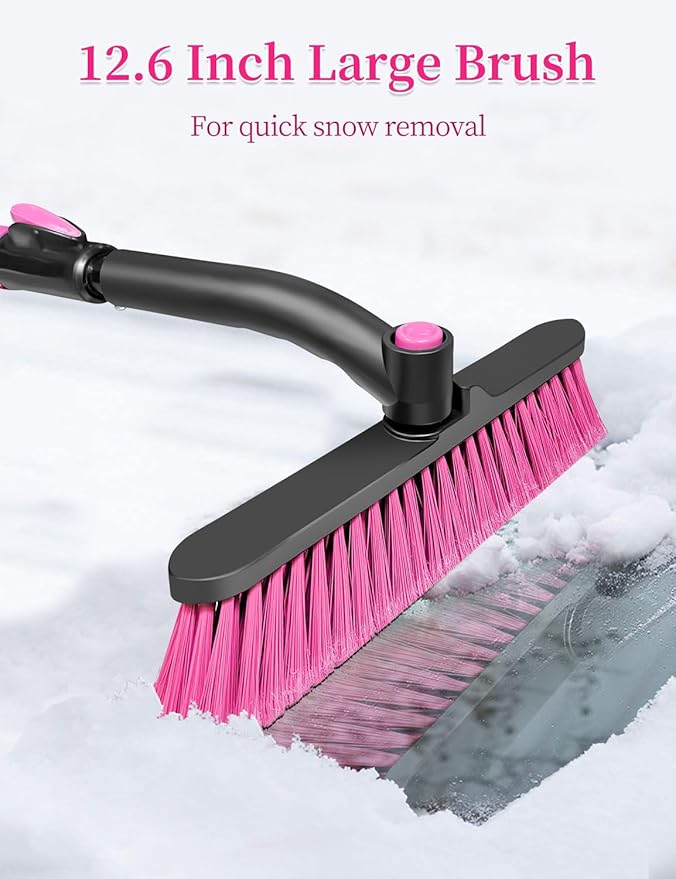 HEEYA Snow Brush for Car, Extendable Snow Brush and Ice Scraper with Foam Grip, Car Window Scraper for Snow and Ice for SUV Truck Auto Jeep RV Vehicle Windshield - Pink