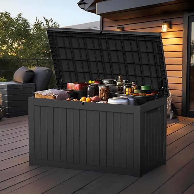 ROJIK Outdoor Storage Housing Deck Box - Waterproof Patio Furniture, Garden Tools, Cushions, Pool Accessories Storage Bench with Lockable Lid and Side Handles (Black 238 Gal)