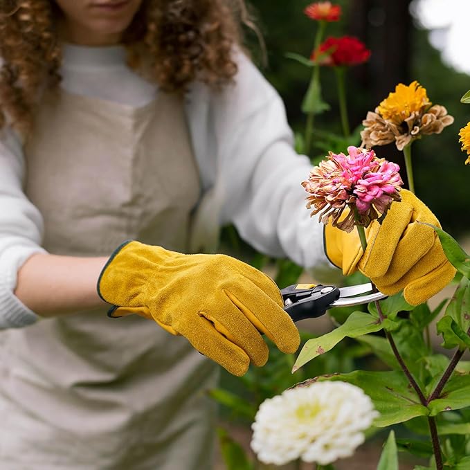 OZERO Leather Work Gloves Flex Grip Tough Cowhide Gardening Glove for Men and Women (Gold (5 Pairs), X-Large)