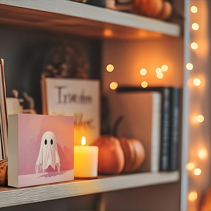 Mtrgdn Cute Halloween Decor,Halloween Decorations Indoor,Pink Ghost Desk Decor Wooden Box Sign,Halloween Home Office Kitchen Bathroom Bedroom Coffee Bar Table Shelf Wall Decorations,5x5 Inch