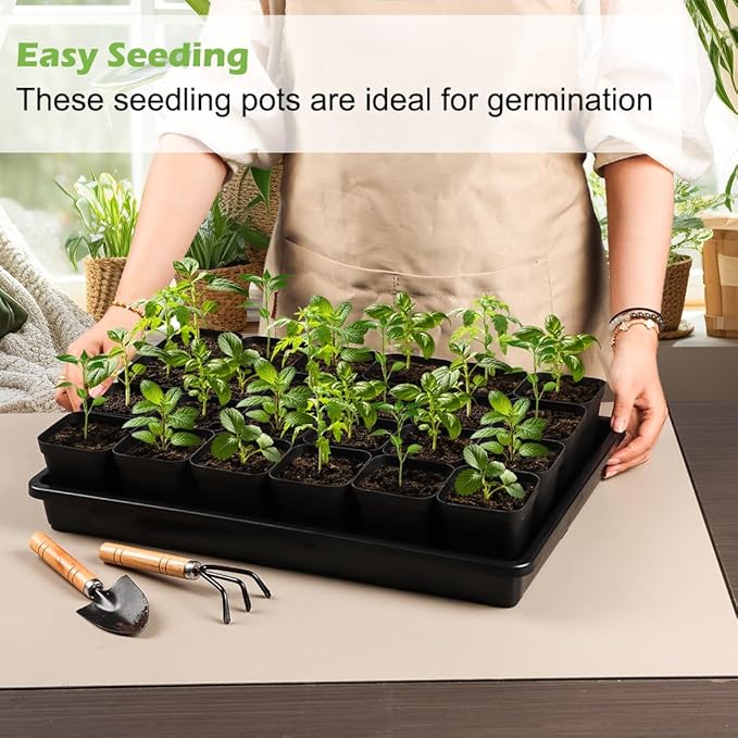 2.8 inch (7CM) Square Nursery Pots 120pcs with 5 Pack Seed Starter Trays, Durable Plastic Flat Seedling Tray (17"x11"x2") for Carrying and Holding Plant Nursery Pot (Black)