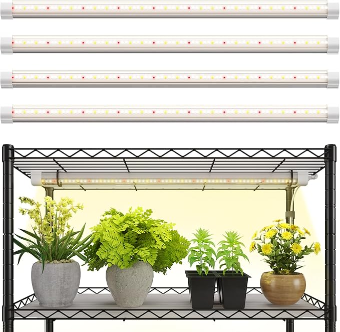 FREELICHT T8 Grow Lights for Indoor Plants, 2FT Full Spectrum, 120W(4 x 30W), 4 Installation Methods, 5000K Linkable LED Grow Light Strips for Plant Shelf Greenhouse Succulent Seeding, 4 Pack