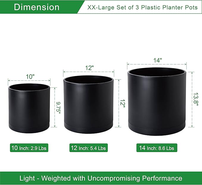 D'vine Dev 10 Inch 12 Inch 14 Inch, Set of 3 Plastic Planter Pots for Plants with Drainage Hole and Seamless Saucers, Black Color, XX-Large, 74-V-B-6