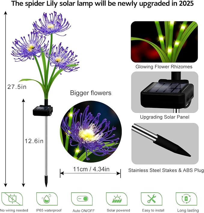 Solar Outdoor Lights Purple Spider Lily – 4 Pack 12-Head Waterproof Garden Flower Lights with Glowing Stems,Decorative Solar Powered Yard,Patio & Lawn Decor, Gardening Gifts for Women Grandma