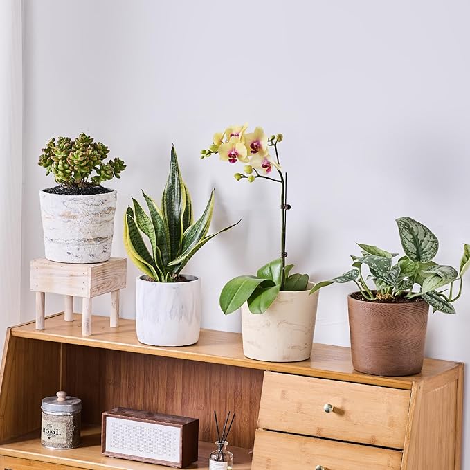 Ekirlin 6 Inch Resin Plant Pot Indoor - Natural Marble Texture Garden Planter with Drainage Hole, Removable Rubber Stopper and Non-Slip Soft Pad, Modern Succulents Containers for Home, Outdoor