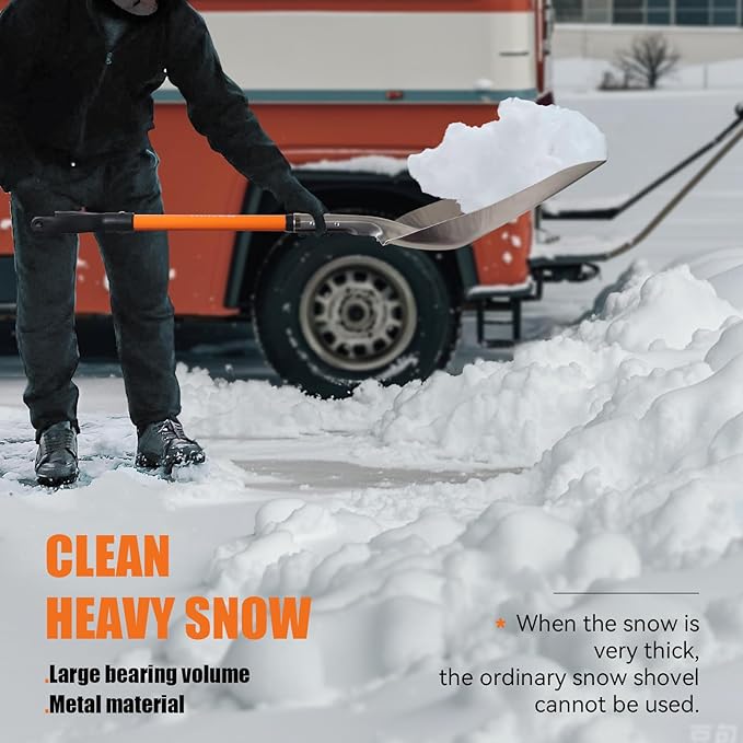 Snow Shovel,Metal Snow Shovel for Driveway,Scoop Shovel Heavy Duty with D Handel,Transfer Shovel for Gardening,Farms,and Barns,45 inches,Orange