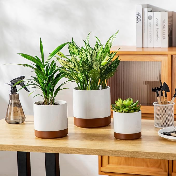 vancasso Ceramic Plant Pots, 4.25+5.25+6.25 Inch Planter Pot with Drainage Hole, Flower Pots for Indoor Outdoor Plants, Set of 3, Khaki