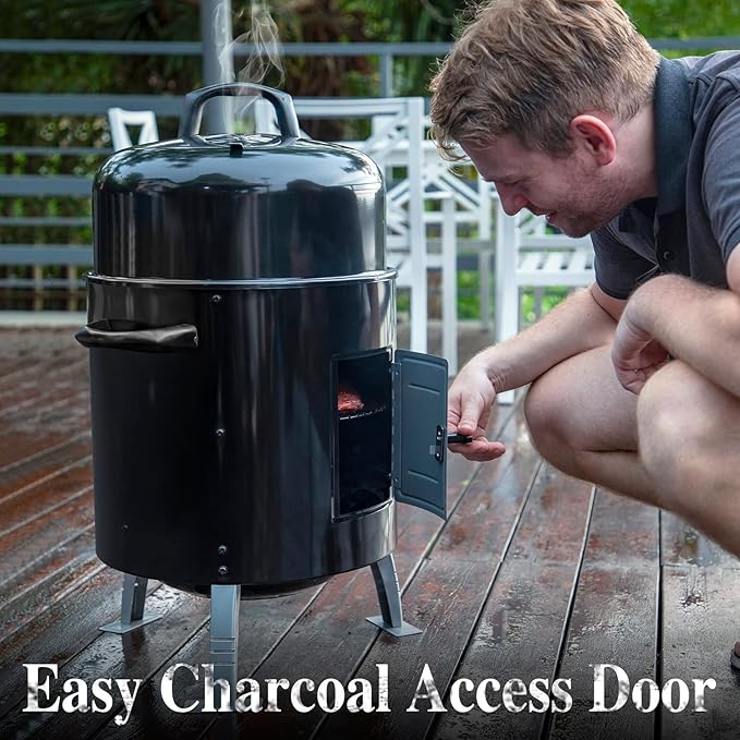 Sophia & William 17" Vertical Charcoal Smoker Grills with Two-Tier Grates, Heavy-Duty Integral Chamber and Tunnel Ventilation System for BBQ, Patio, Outdoor Camping(Black)