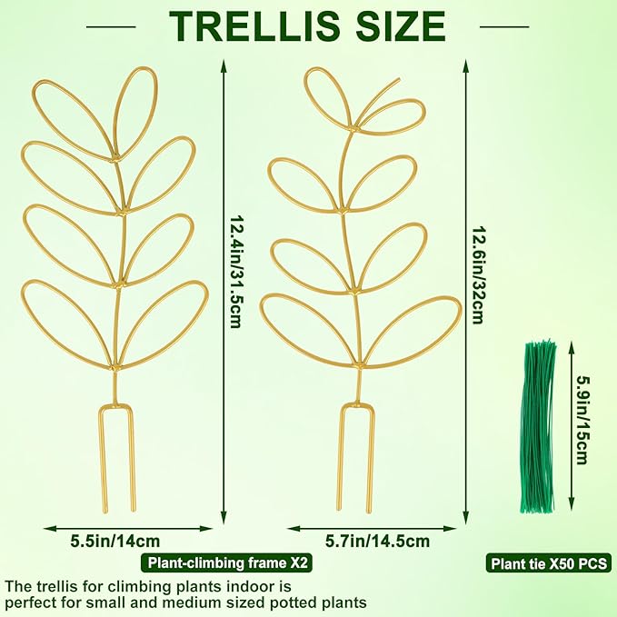AUGSUN 2 Pcs Gold Trellis Leaf Shape 12 Inch Metal Plant Support with 50 Ties for Climbing Potted Plants Houseplant Garden Indoor Outdoor