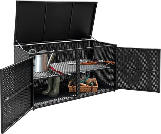 HAPPYGRILL Deck Box Outdoor Wicker Storage Box Cabinet, 88 Gallon Patio Rattan Storage Container Bin Box for Furniture Tools in Garden Balcony Porch Yard