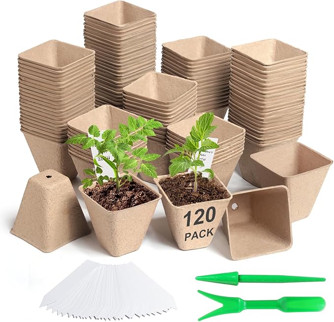 120 Pack 3.15 Inch Square Peat Pots for Seedlings, Seed Starting Pots with Drainage Holes Nursery Pot, Herb Seed Starter Pot Kits wit 30 Plant Labels, 2 Transplant Tools.