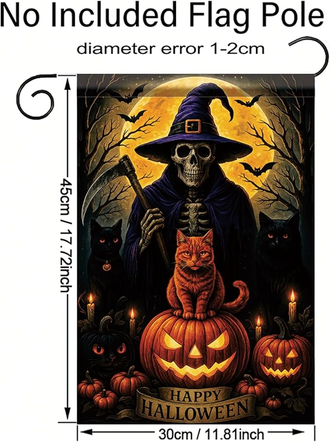 Halloween Garden Flag Witch Skeleton Cat Pumpkin Flag 12x18 Inch Double Sided Outdoor Yard Banner for Trick or Treat Haunted House Halloween Decoration Decor