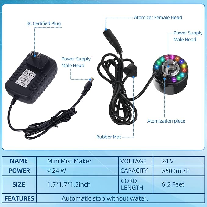 Yaomiao 1 Piece Halloween Mist Maker Fogger Small Ultrasonic Fog Machine Fountain Mister Fogger Water Garden Pond Foggers Air Humidifier with 12 LED Light Flashes for Halloween (Black)