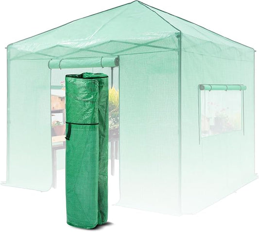 EAGLE PEAK Replacement Cover for 10x10 Portable Walk-in Pop up Greenhouse, Front Roll-Up Zipper Entry Door and 2 Large Roll-Up Side Windows (Frame Not Included), Green