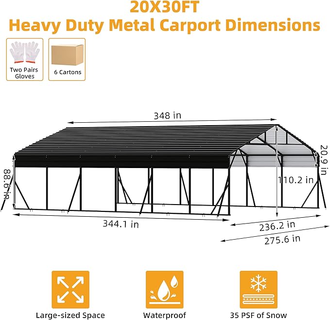 20x30FT Metal Carport Kits with Galvanized Steel Roof, Heavy Duty Metal Roof Carport with Enhanced Base, TallMetal Carports Kits Garage for Tractors, Pickup, Boat, Car