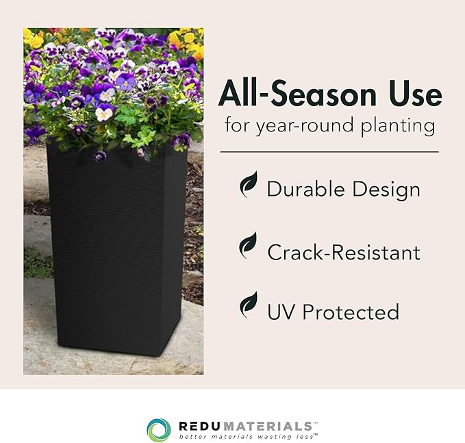 Tierra Verde Indoor & Outdoor Self-Watering Square Planter, Citadel Horizon, 13.5" x 26", Black - Planting Containers for Plants and Flowers - Gardening and Landscaping Accessories