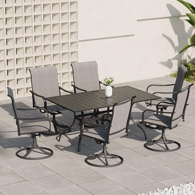7-Piece Outdoor Dining 6 Swivel Chair and 63.5'' Rectangular Table with All Weather Frame for Backyard Front Porch Pool Deck Outdoor Furniture Set - Grey Style2