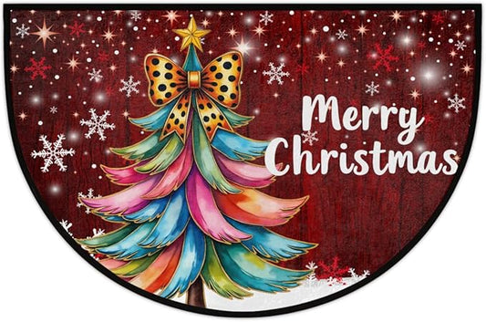 Christmas Half Round Door Mat, Merry Christmas Tree Snowflakes Semicircle Door Mats, Non Slip Area Rug Soft Doormat for Indoor Entrance Wear Resistant Welcome Mat for Garage Patio Home 24 x 36 In