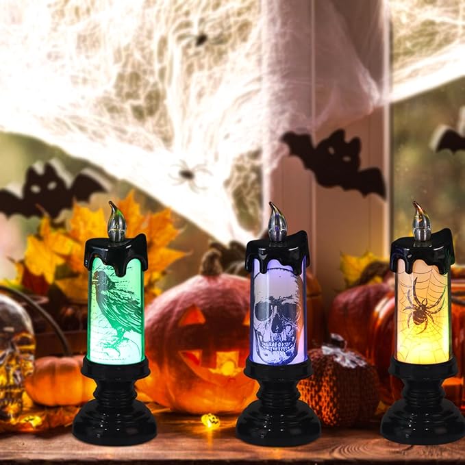 DRomance Halloween Flameless Flickering Candle Lights with Remote Timer, Battery Operated LED Candle Lamp Spooky Skull Crow Spider Decals and Lights Indoor Decor(3 Pack, 2.8" D x 7.8" H)