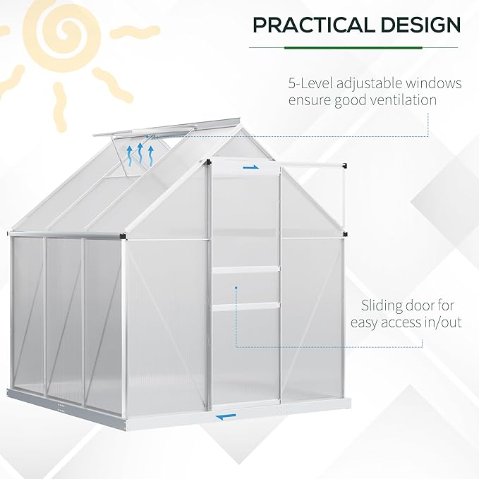 Outsunny 6' x 6' x 6.5' Polycarbonate Greenhouse with Adjustable Roof Vent, Walk-in Heavy Duty Green House Kit with Aluminum Frame, Sliding Door and Rain Gutter for Winter, Silver