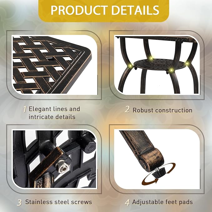 Outvita Patio Side Table, 21.3in Outdoor Square Cast Aluminum Bistro Table and Antique Design for Backyard Porch Pool Balcony Deck White