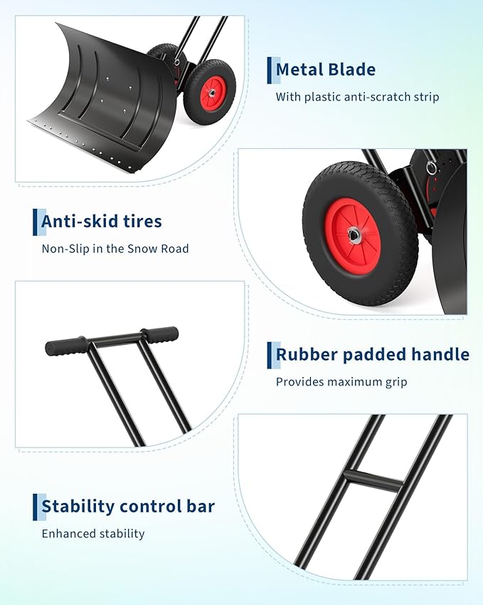 Snow Shovel, Garvee 40 Inch Heavy Duty Snow Pusher for Driveway with Adjustable Handle and Angled Blade, Efficient Snow Shovel with Wheels, Snow Pusher for Doorway, Sidewalk, Deck