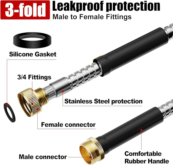 Short Garden Hose 3 ft, Male to Female Heavy Duty Stainless Steel Small Water Hose Extende Connector, Flexible No Kinks, Leakproof 3/4 in Fittings, Lightweight Metal Leader Hose,MBT3S Model