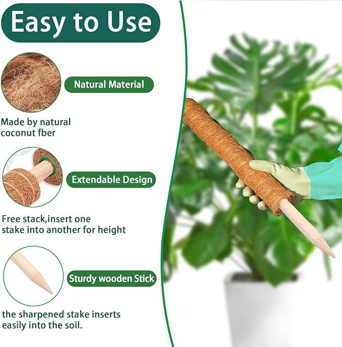 4-Pack 17 Inch Stackable Moss Poles for Monstera & Climbing Plants, Indoor Plant Support Stakes
