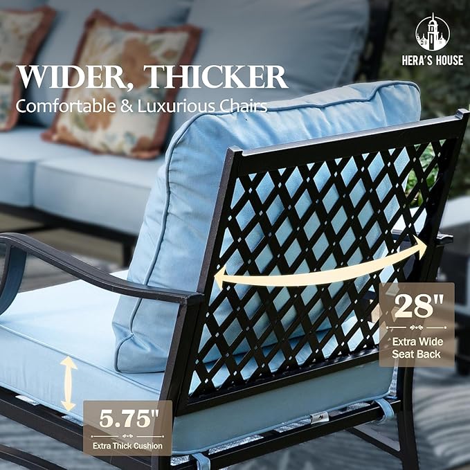 HERA'S HOUSE 7 Piece Outdoor Furniture Set, 2 x Rocking Chair, 2 x Fixed Chair, 2 x Ottoman, 1 x 3-Seat Sofa, All Weather 9 Seats Outdoor Conversation Set for Lawn Garden Backyard, Blue